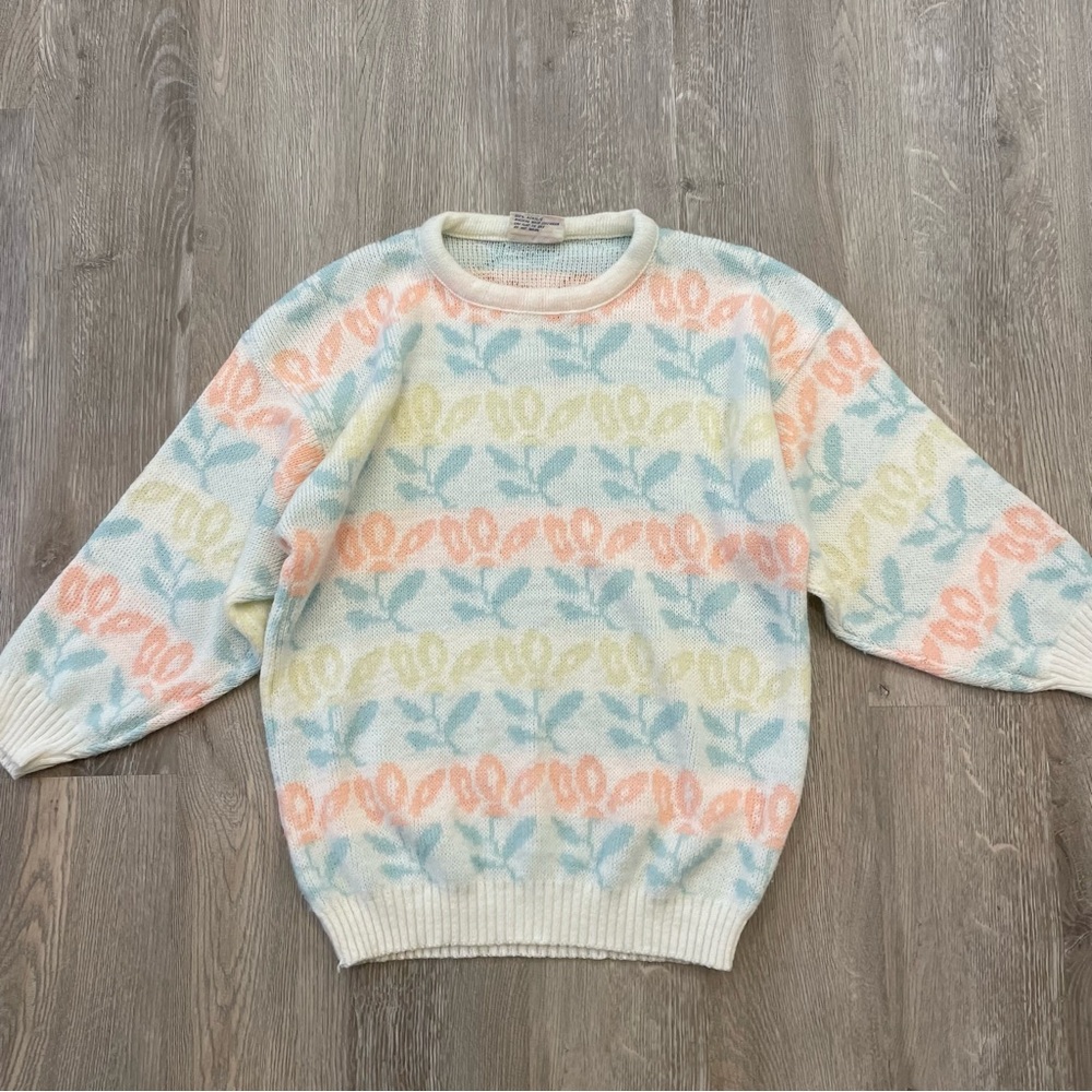 VINTAGE 1980s Justin Allen Spring Cottagecore Pastel Sweater - Size M - Picture 4 of 13